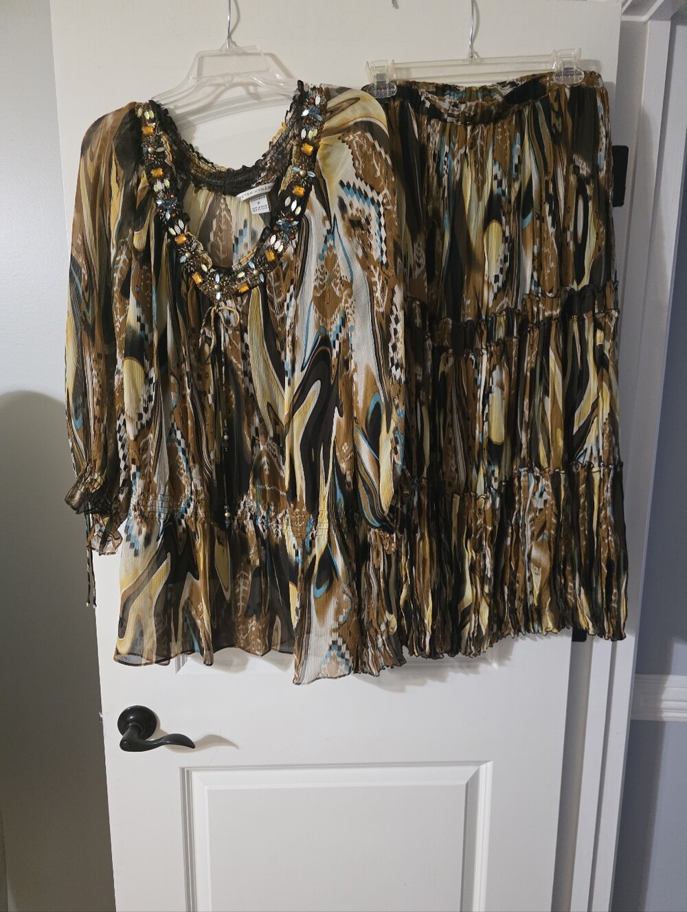 Peter Nygard Brown Multicolor Embellished Top and tiered broom skirt Set